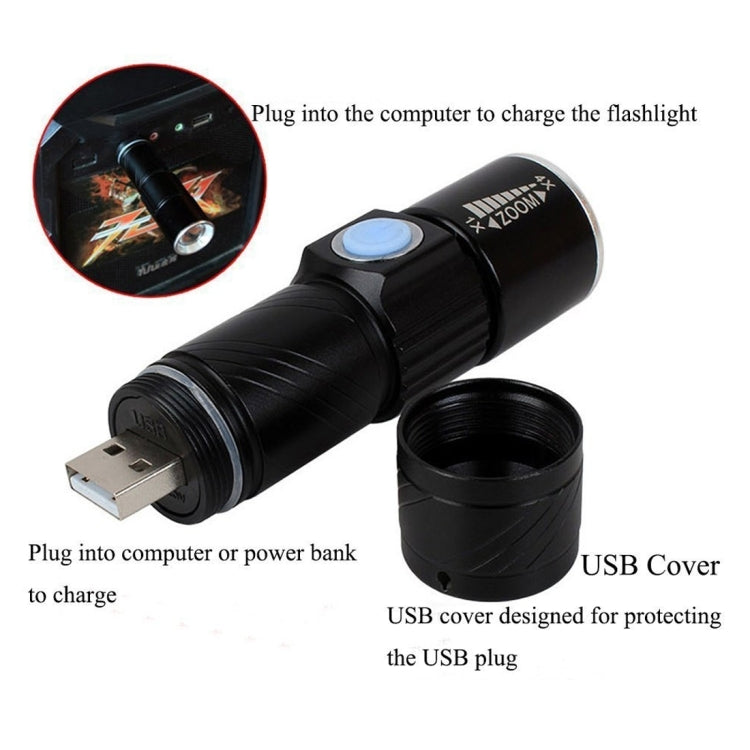 Black USB rechargeable LED flashlight with protective cap on the USB connector