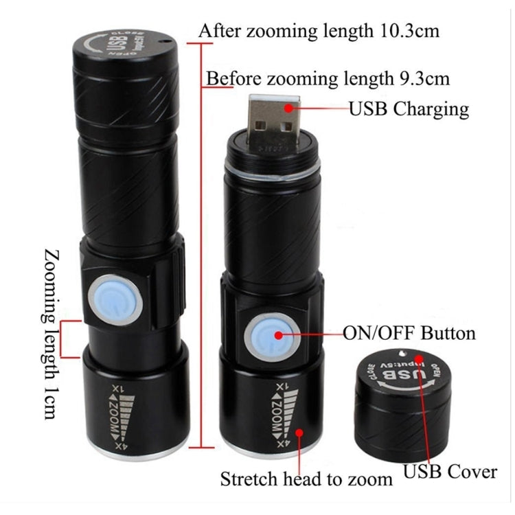 Black zoom LED flashlight showing USB charging port, side on/off button