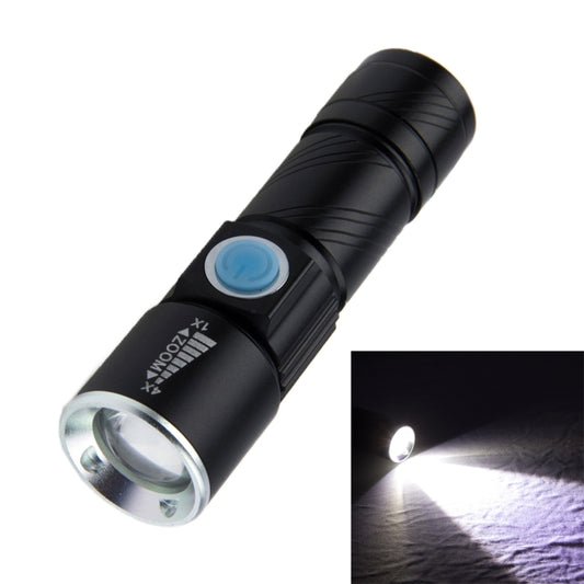 Black zoomable LED flashlight with lanyard, round blue button on the side