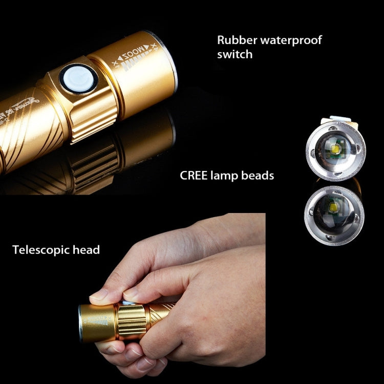 Gold LED flashlight with rubber switch and telescopic head detail, hand holding it