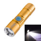 Gold LED flashlight with blue power button, front reflector, and lanyard ring