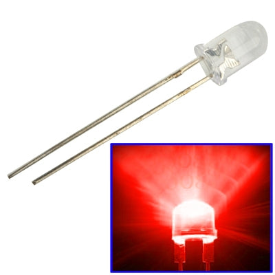 Water-clear 5mm LED lamp with two metal leads, red light glow