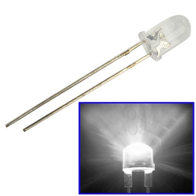 Water-clear 5mm LED lamp with two metal leads, cool white light glow