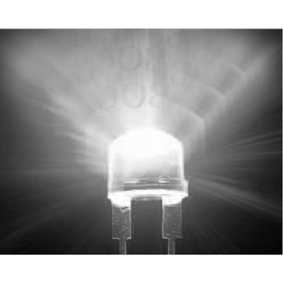 Water-clear 5mm LED lamp with two metal leads, bright white light glow