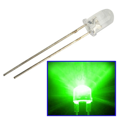 3mm clear LED lamp with two metal leads, green light glow in window