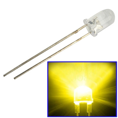 3mm clear LED lamp with two metal leads, yellow light glow in window