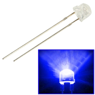 Straw-hat LED lamp with two metal leads; blue light glow inset