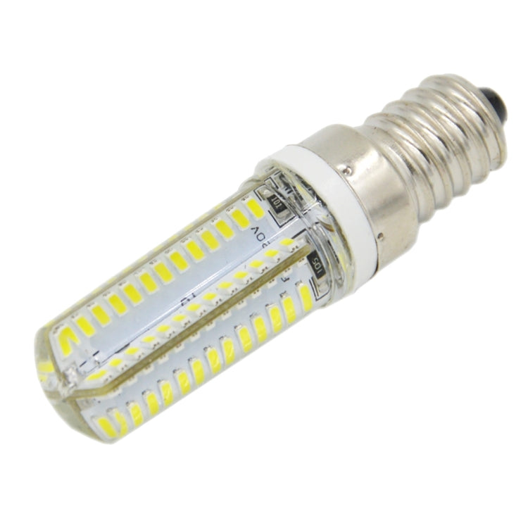 E14 LED corn bulb showing clear lens, warm white LED strip lights, silver screw base