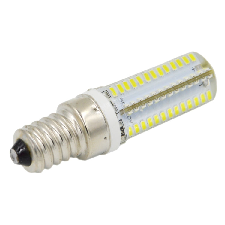 E14 LED corn bulb angled view with clear LED module and warm white strip lights