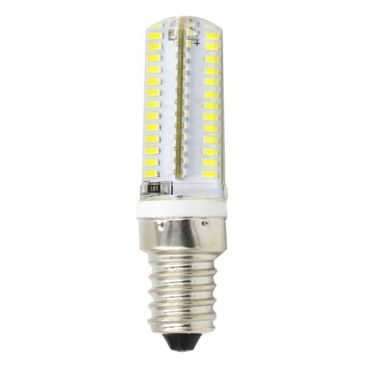 E14 LED corn bulb top view with clear cover and warm white LED array, silver base