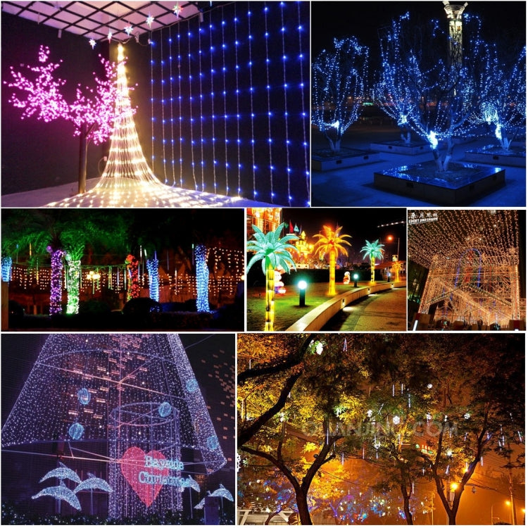 Multi-color LED curtain lights on outdoor trees and walkways