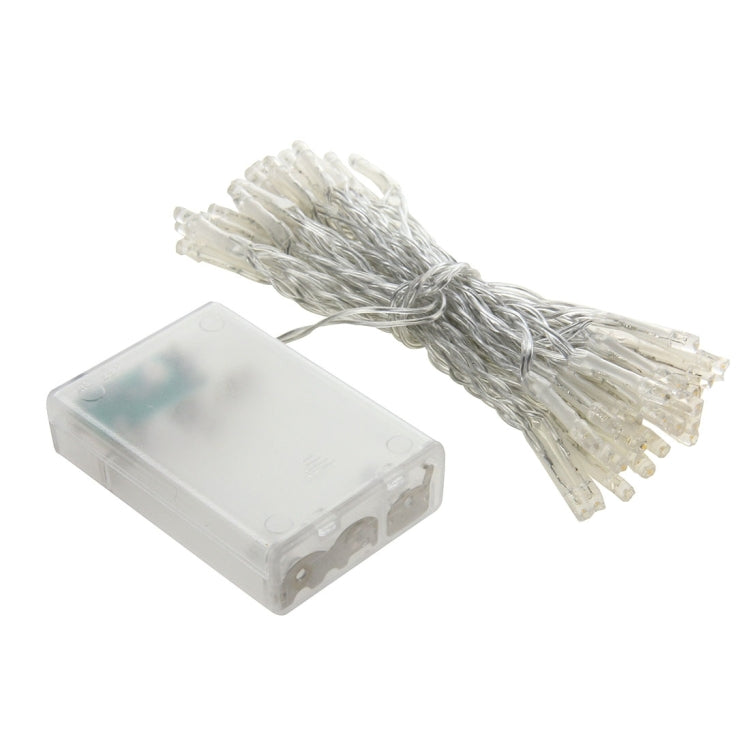Battery pack for 50-LED battery string lights with clear case and attached wire bundle