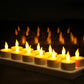 Warm LED candles with flame effect in clear cups on a tray