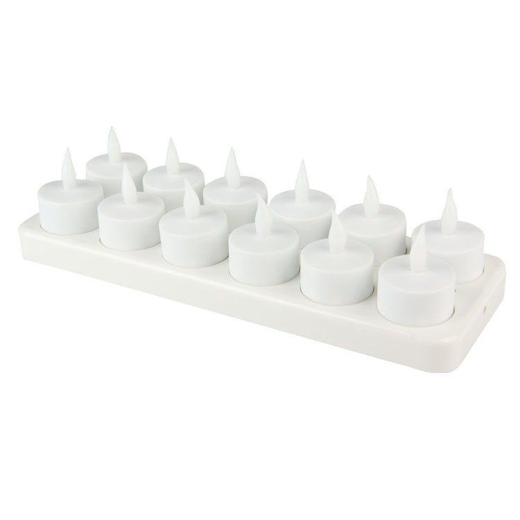 Rechargeable LED candle light set on a white charging tray with 12 candles