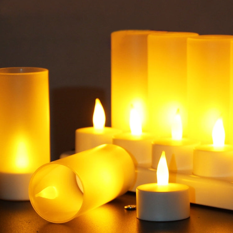 Rechargeable LED candle light set with warm glow, candles on black surface