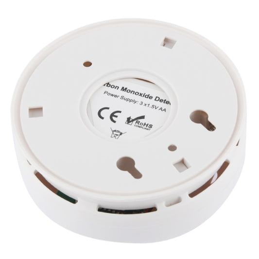 Back view of white carbon monoxide detector base with compliance and power labels