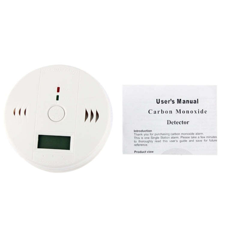 White carbon monoxide detector with test button, LED indicator, and LCD window