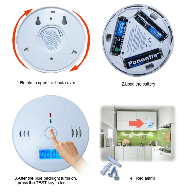 Carbon monoxide detector back open for battery loading and test-button operation