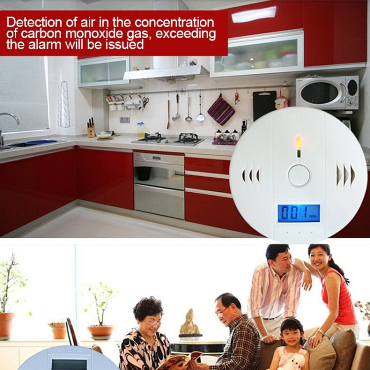 White carbon monoxide detector with glowing LCD reading and alarm indicator LEDs