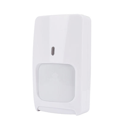White wall-mounted motion sensor with rectangular detector window and indicator slot