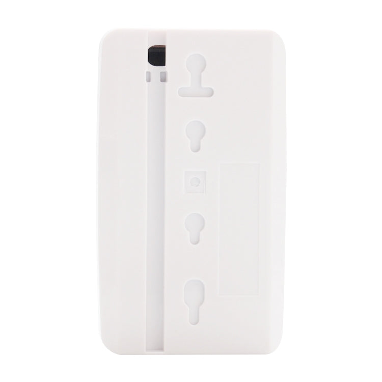 White motion sensor back plate with mounting slots and screw terminal layout