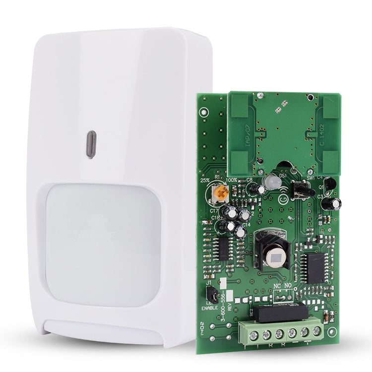 White motion sensor with internal green circuit board exposed