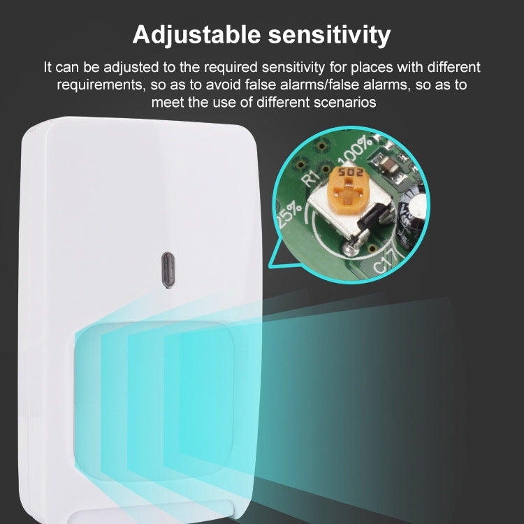 White motion sensor with adjustable sensitivity inset shown on circuit board