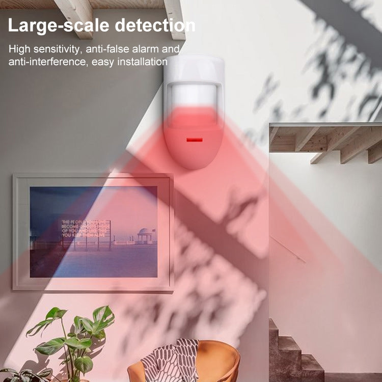 White motion sensor with front detection lens, wall corner mounting view