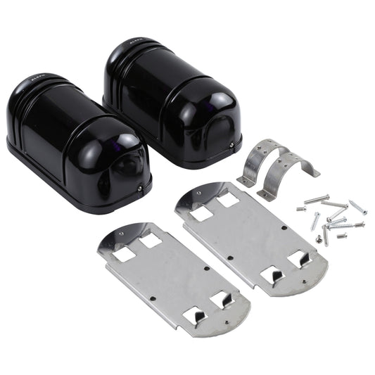 Pair of black infrared detector housings with mounting brackets and screws
