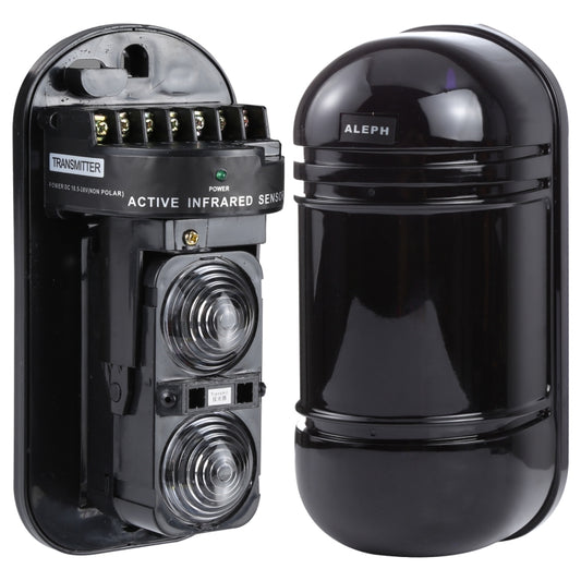 Dual beam photoelectric infrared detector, black housings with exposed wiring terminals
