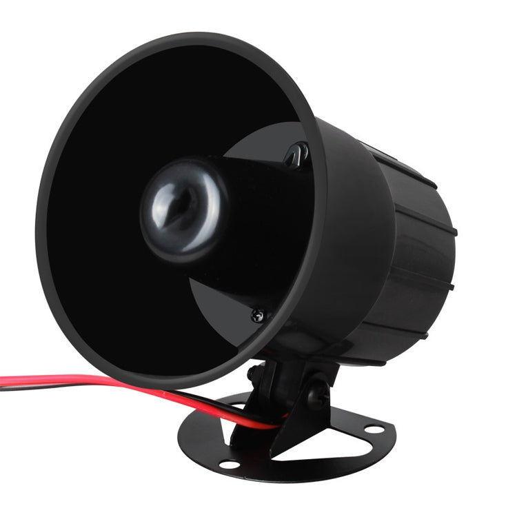 Black horn loudspeaker with mounting bracket and visible red/black power wires