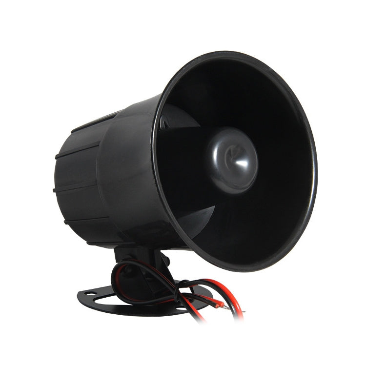 Black horn loudspeaker with wide mouth facing left and base mounting plate