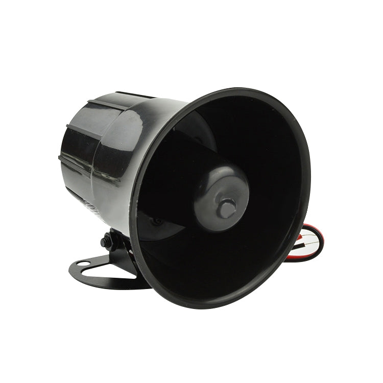 Black horn loudspeaker angled view with front opening and red/black wire leads
