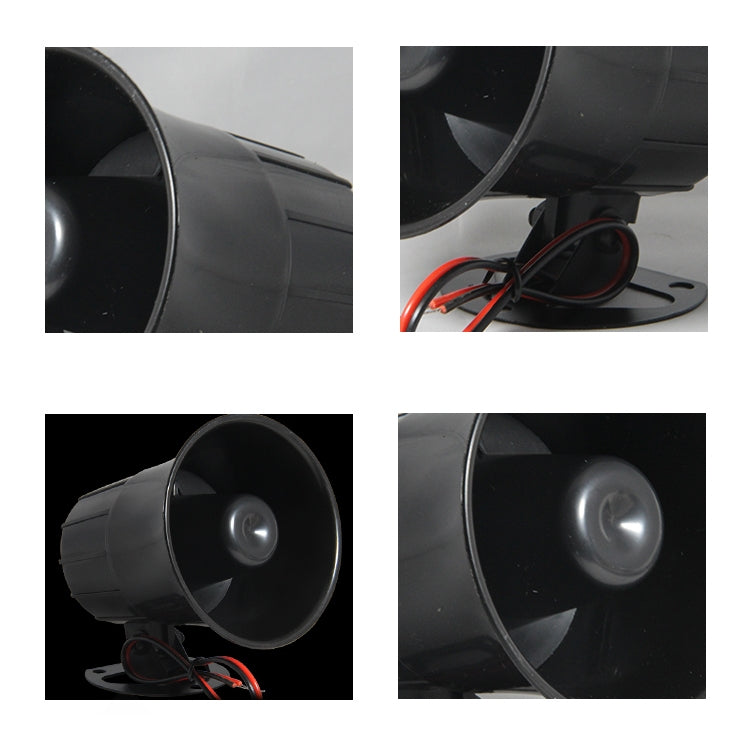 Black horn loudspeaker close-up with glossy cone and red/black wiring