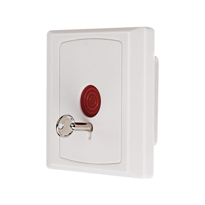 White wall emergency panic button with red push button and key lock