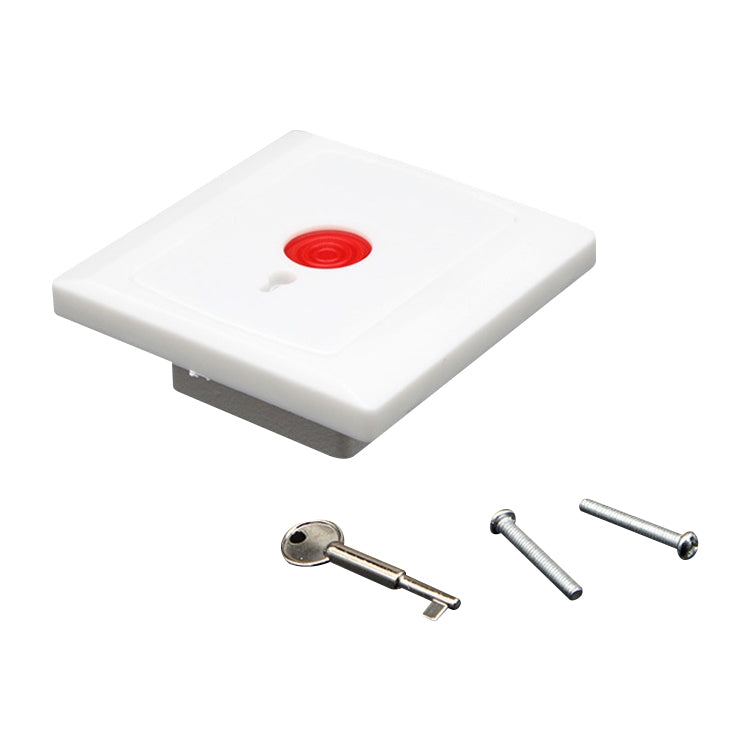 White emergency panic button cover with red button, key, and mounting screws