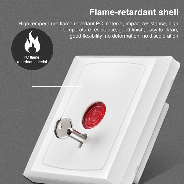 White emergency panic button with red push insert and key lock on faceplate