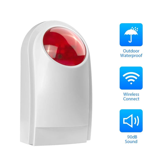 White siren alarm with red dome lens, front view