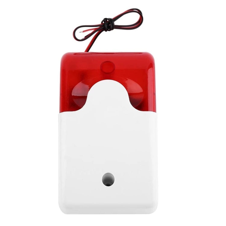 Mini wired red strobe siren alarm with white base and red top, power wires attached