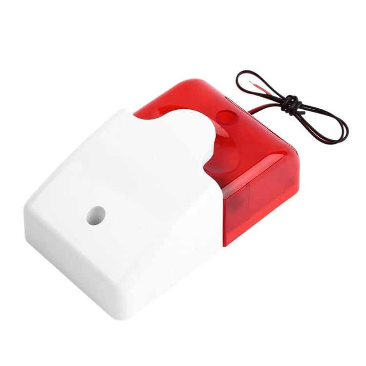 Mini wired strobe siren alarm with red translucent housing, white base, and attached wires