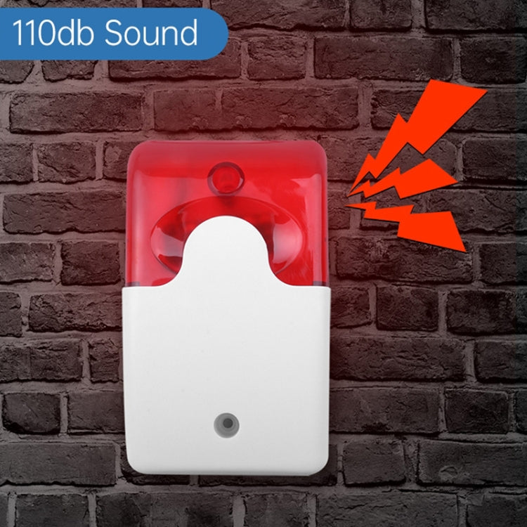 Mini wired red strobe siren alarm with red translucent top and white bottom housing