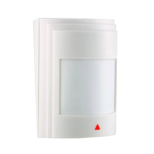 Wired PIR motion sensor in white wall-mount housing with red status indicator