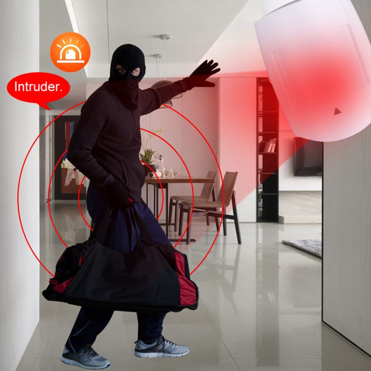 White PIR motion sensor shown with motion detection beam