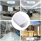 White PIR motion sensor highlighted on a collage of home and office settings