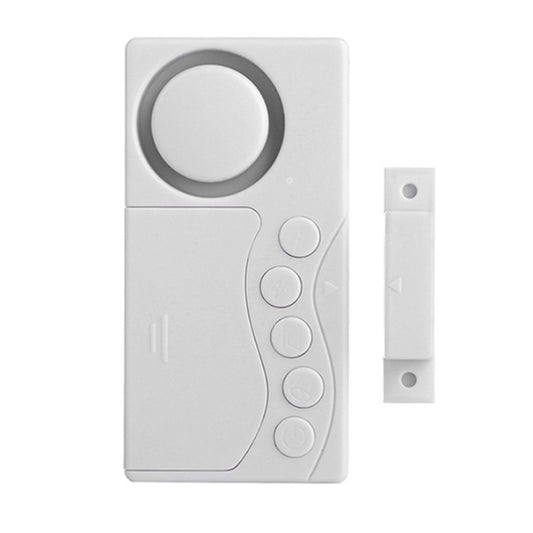 White magnetic door alarm sensor with round button and side control buttons