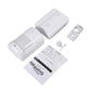 White wireless doorbell sensor, compact receiver, and instruction sheet with parts