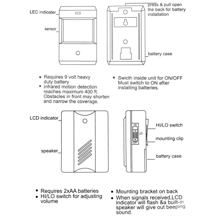 Product instruction diagram showing sensor, battery case, and switch layout