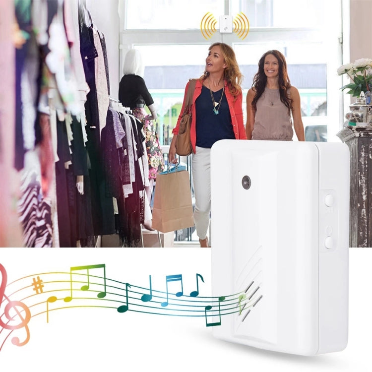 White wireless doorbell mounted indoors with motion signal icon overlay graphic