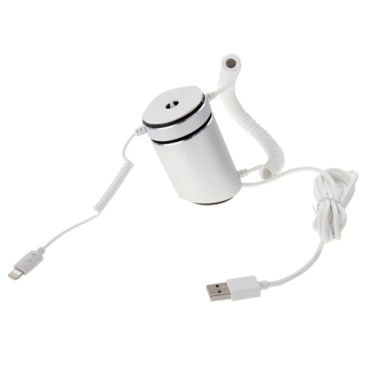 Cylindrical security device with coiled cables and USB connectors, white housing