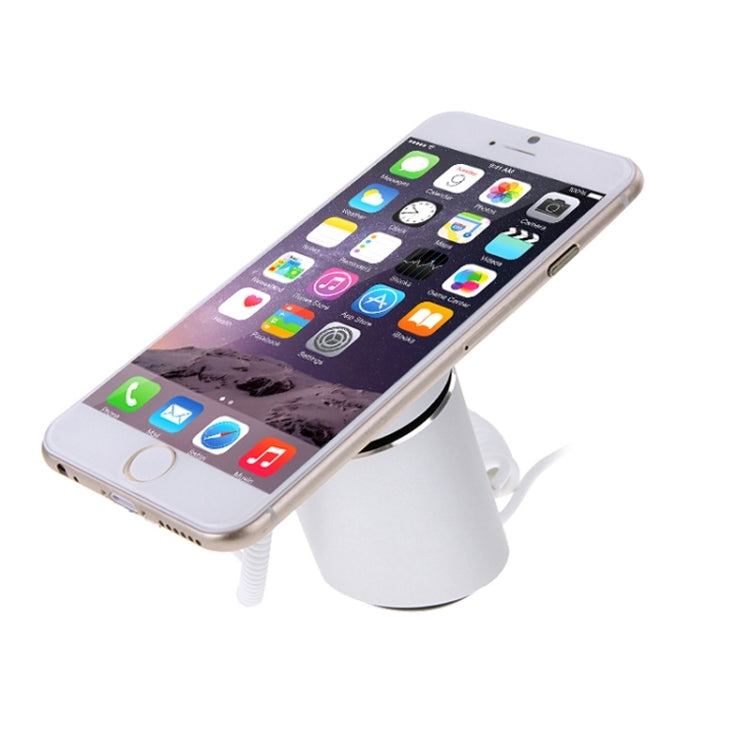 Cylindrical phone mount security stand holding a smartphone on top